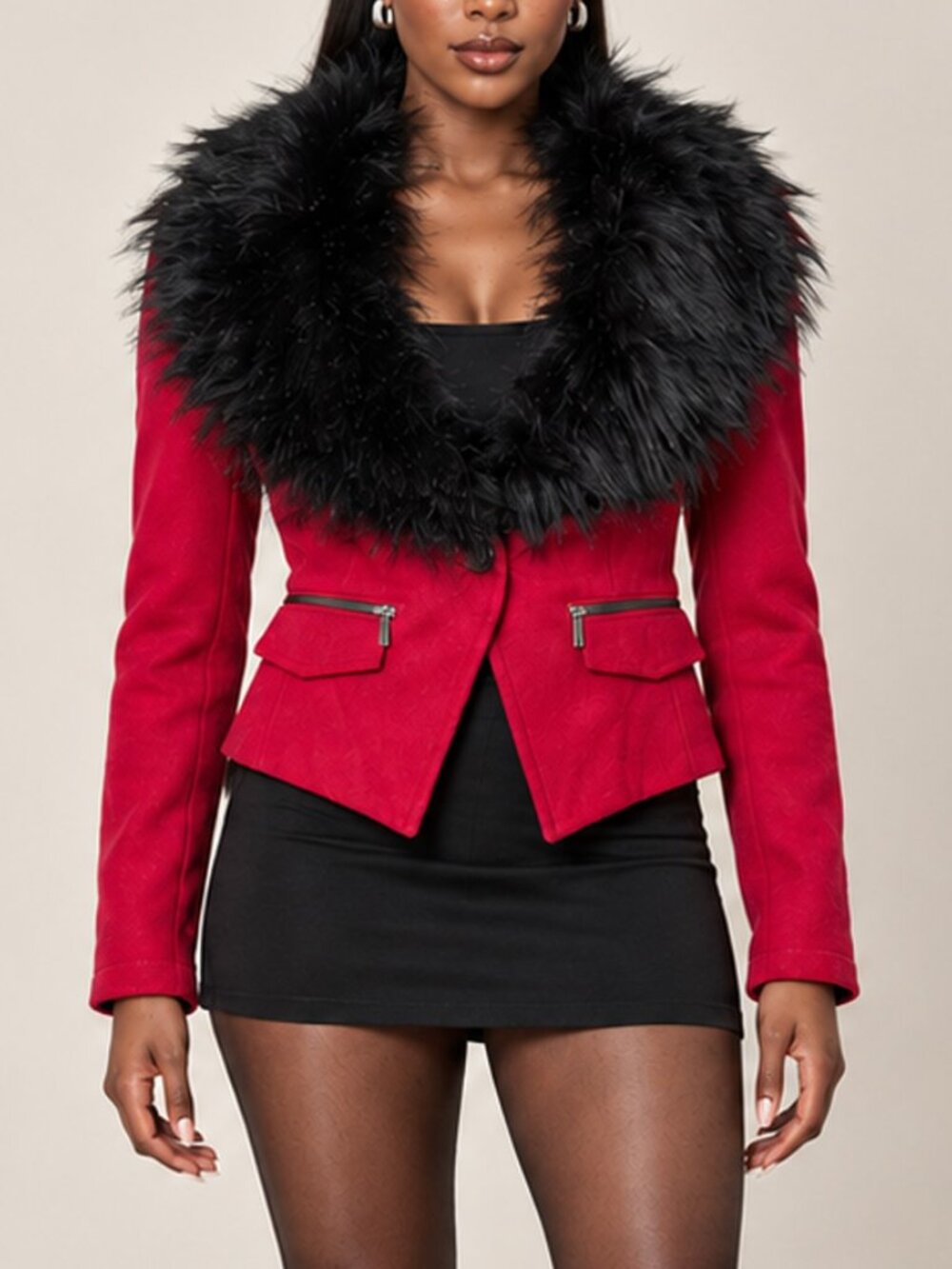 Bebe Y2k Red Wool Black Faux Fur Trim Cropped Jacket Size XS